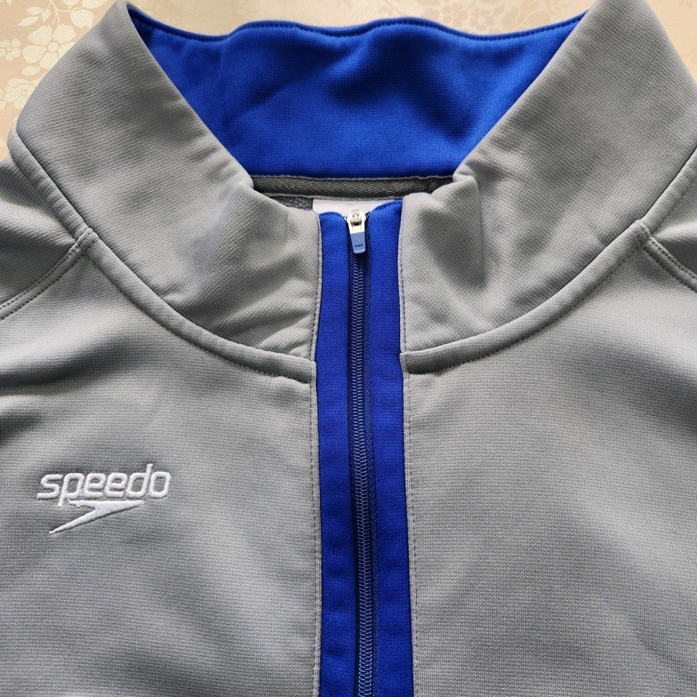 Speedo Mens 1/4 Zip Warmup Jacket 2XL Fleece Lined Gray/Blue